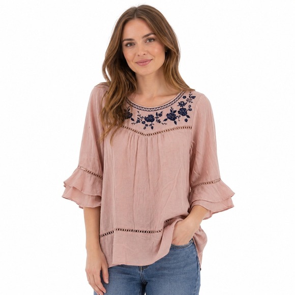 Blu Pepper Tops - New Blu Pepper Medium Pink Blue Floral Embroidered Ruffle Blouse Cottagecore